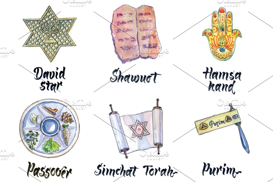 Illustrations of David star, Hamsa hand, Purim and other.