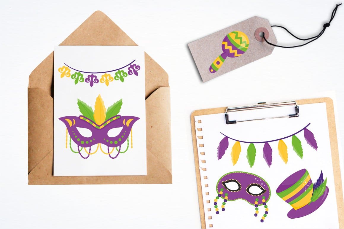 Purple bright mysterious masks for the celebration of Mardi Gras are drawn on sheets of paper.