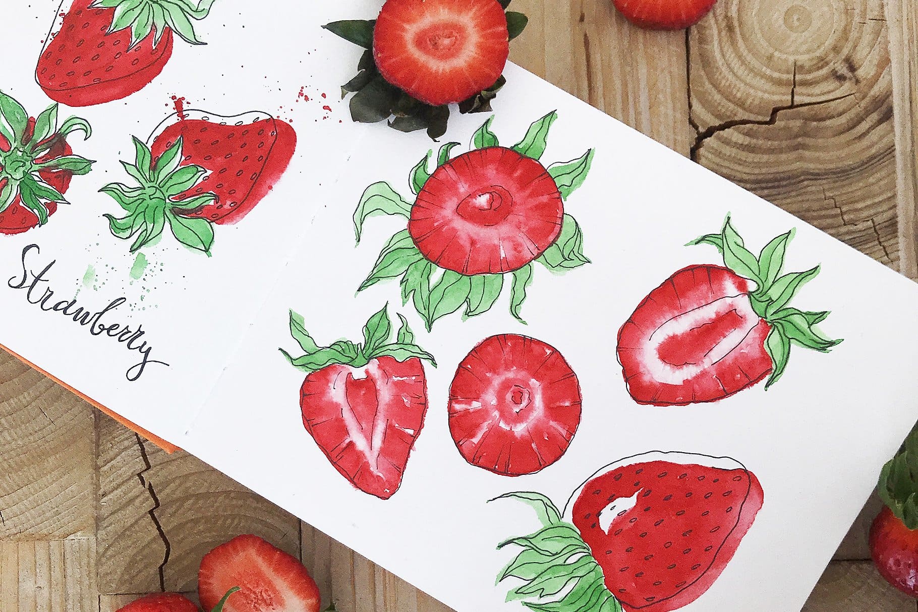 A cut strawberry is drawn in watercolor in detail.