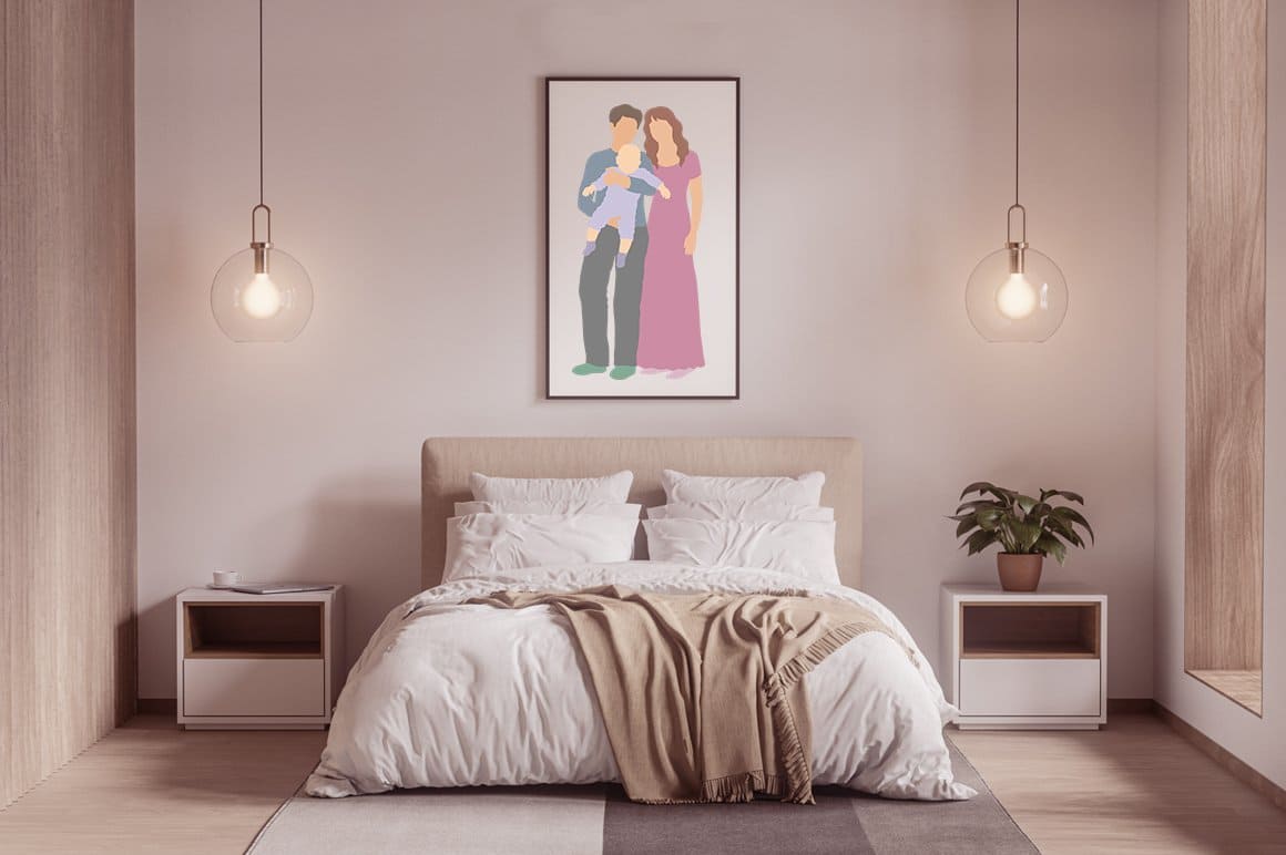 The bedroom is decorated with a picture of a happy married couple.
