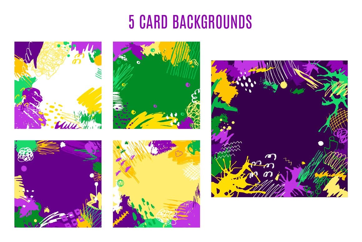 5 card backgrounds in yellow, green, purple.