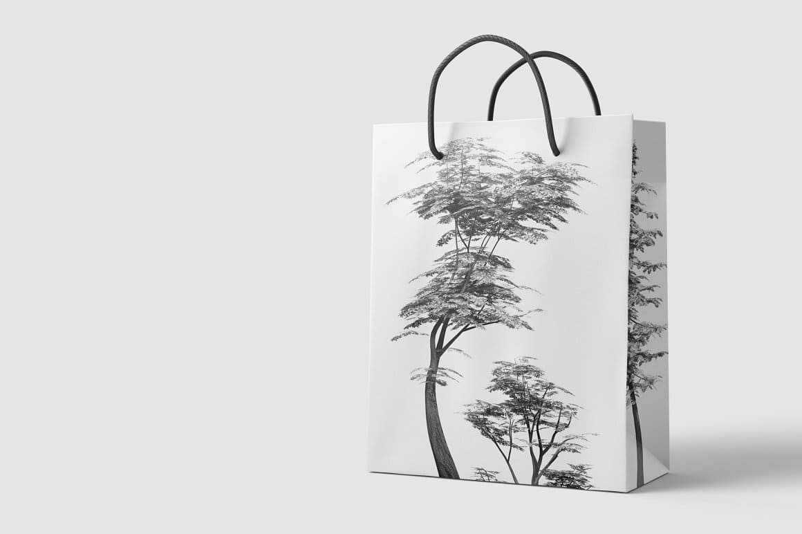 A gray decorative tree is painted on a white cardboard package.