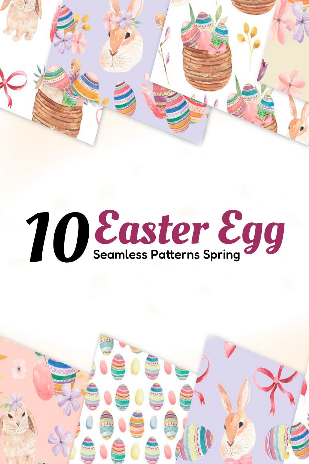 Colored painted eggs and an Easter bunny are drawn on purple, pink, and white backgrounds.