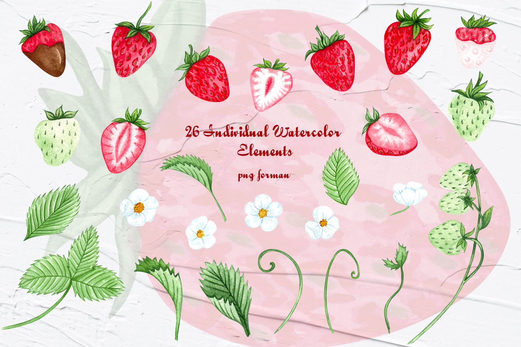 26 individual watercolor elements with ripe strawberries and more.