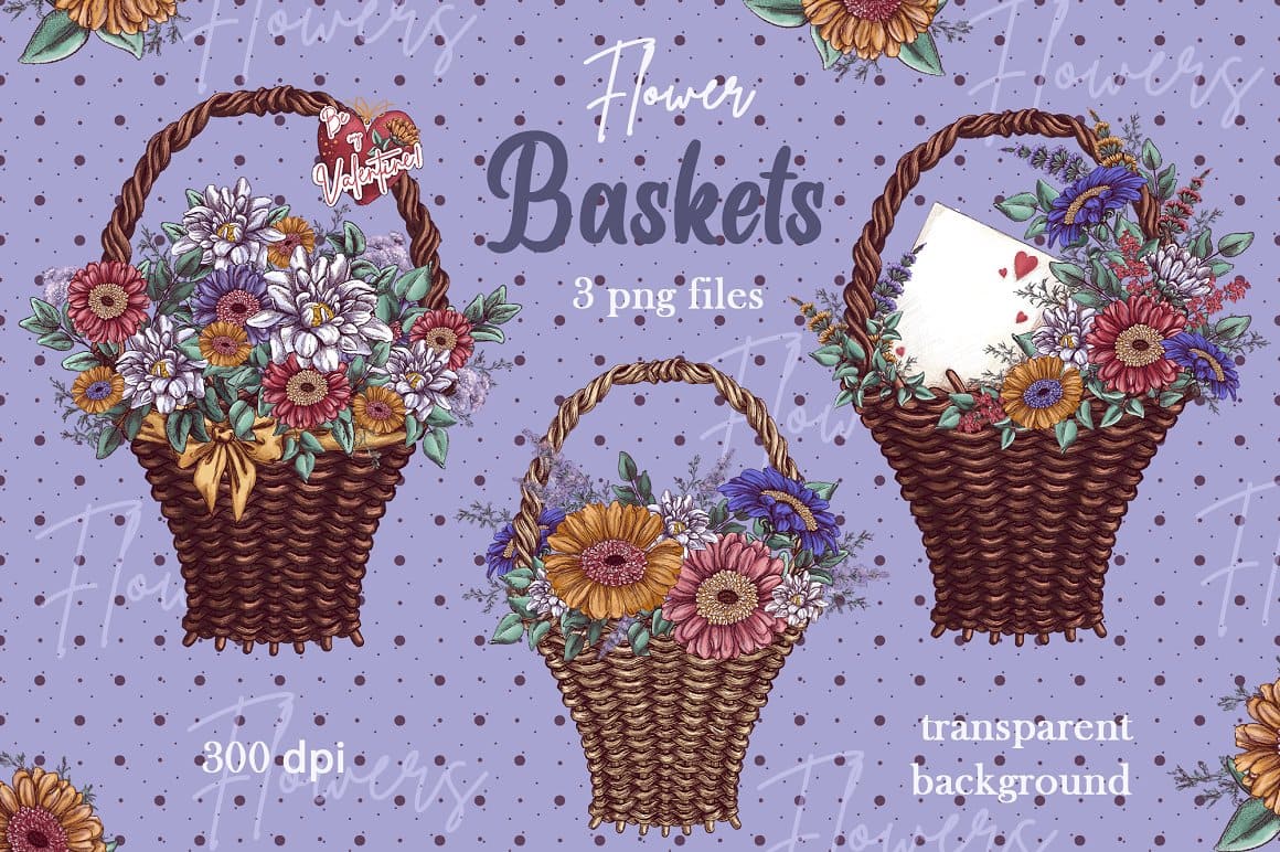 3 PNG files of flower baskets.