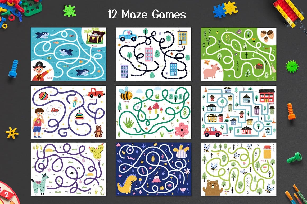 12 maze games with car and other toys.