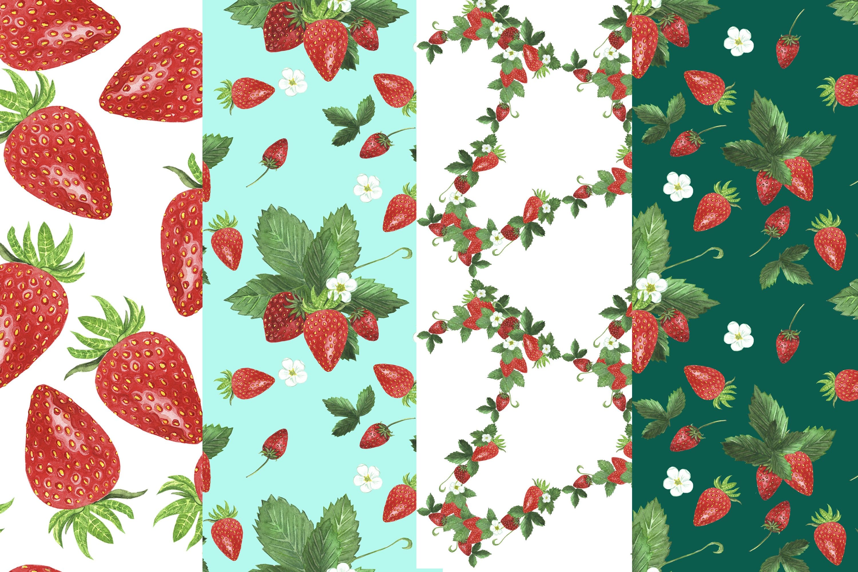 Color patterns with the image of strawberries in different compositions.
