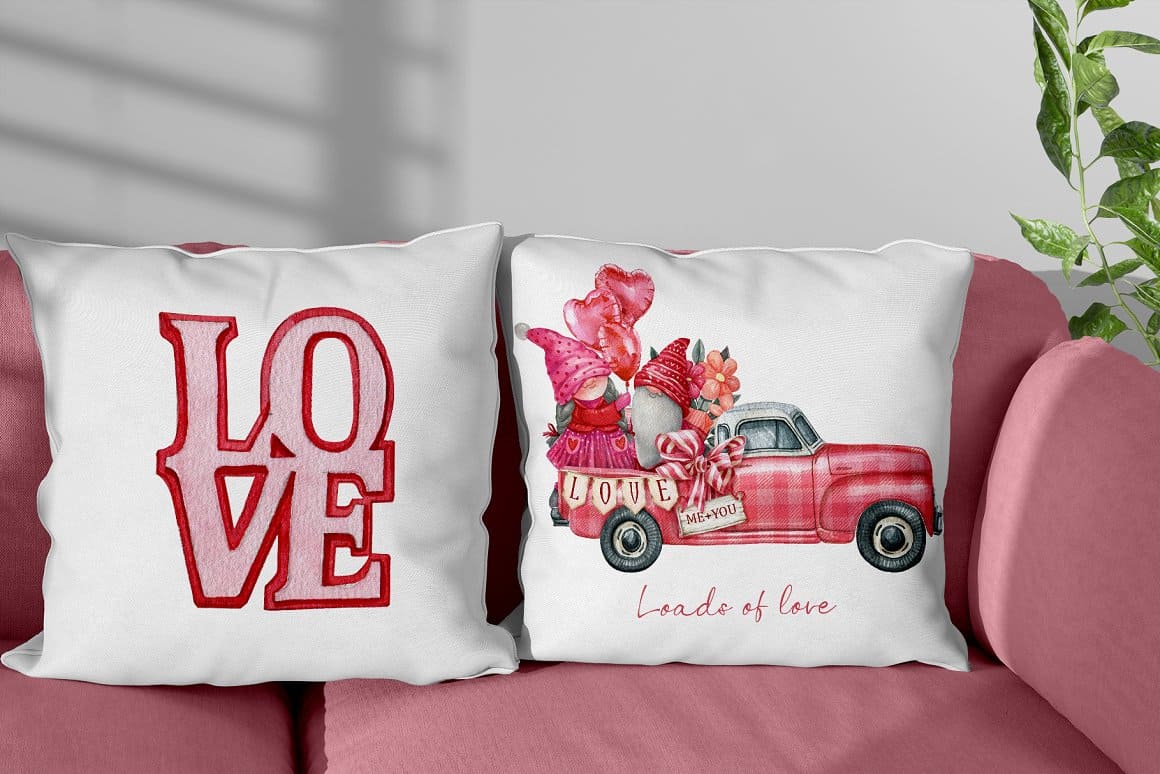 Pillows with the image of a pink truck and the word "Love".