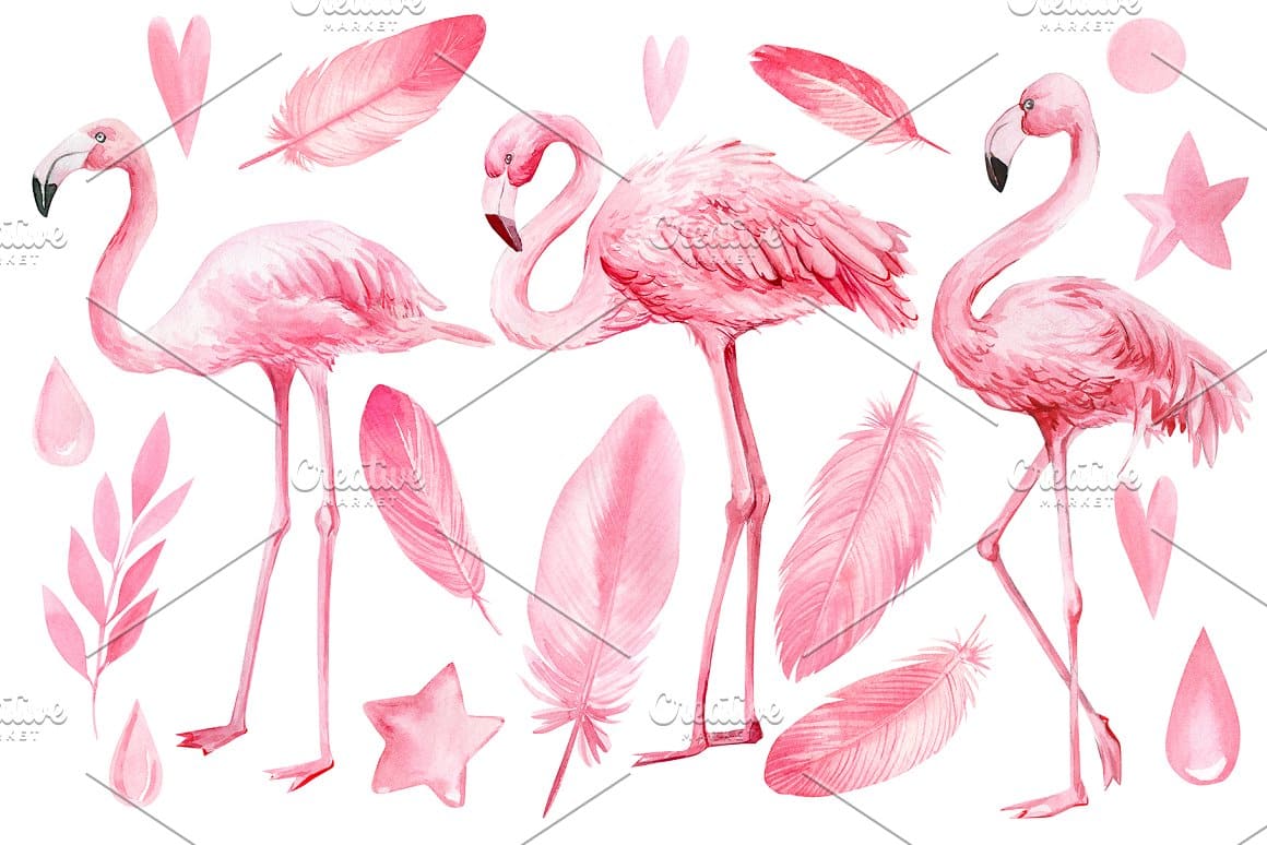 Three pink flamingos and between them pink feathers, hearts, stars, branches.