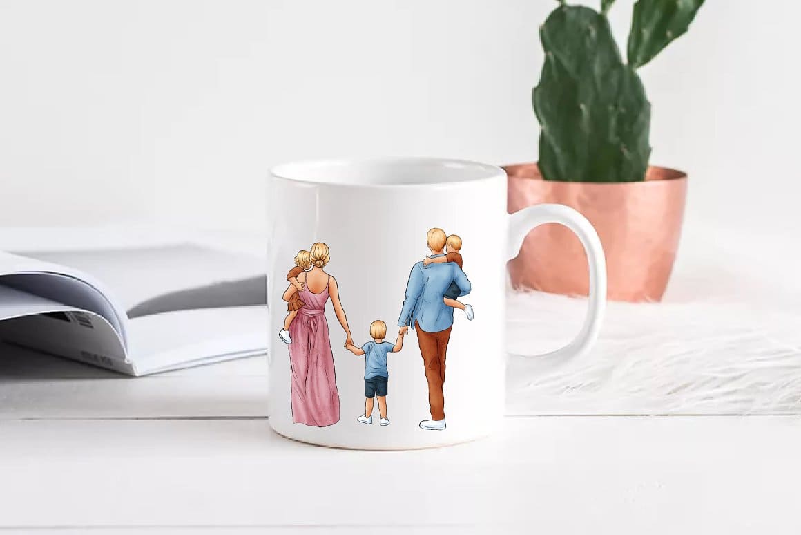 A family with three children in summer clothes is drawn on a white cup.