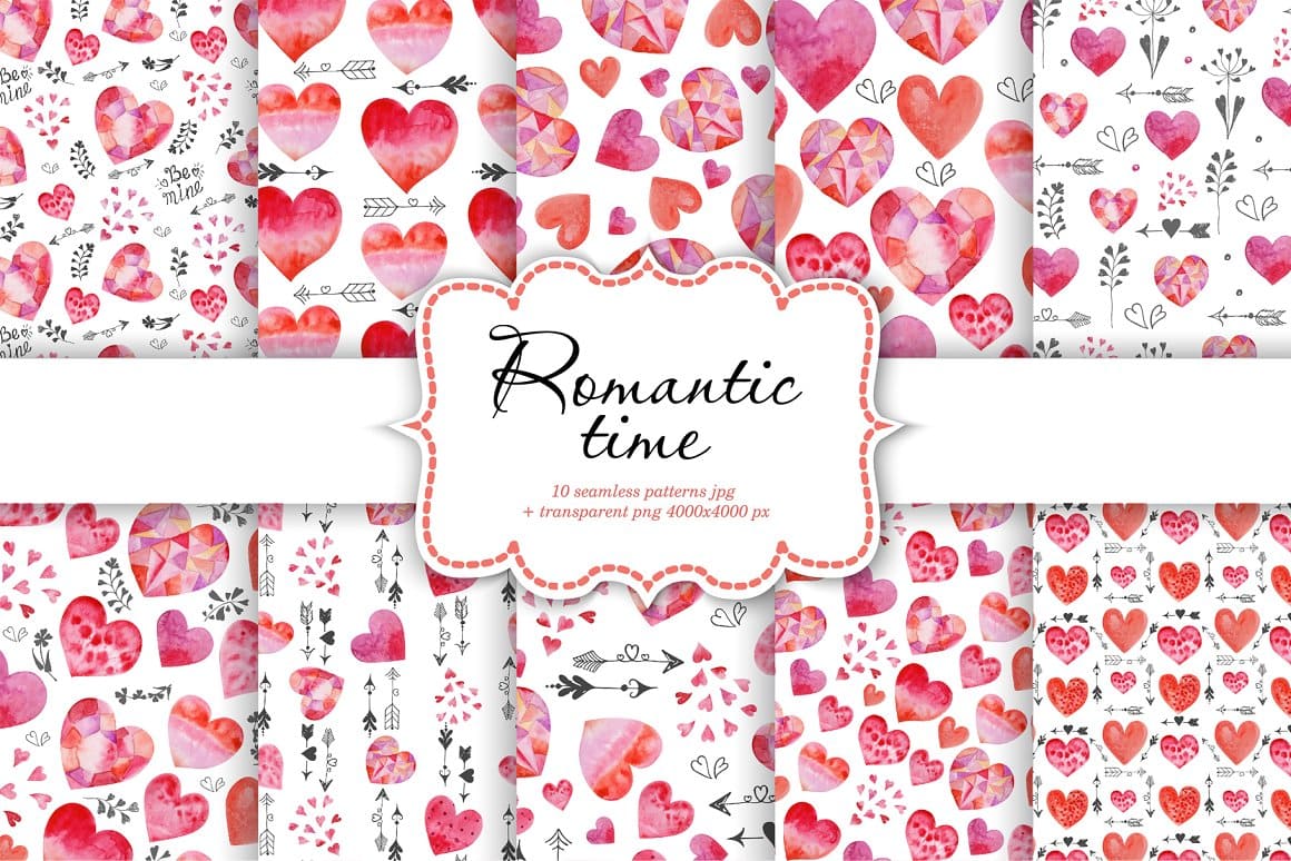 10 seamless patterns of romantic time.