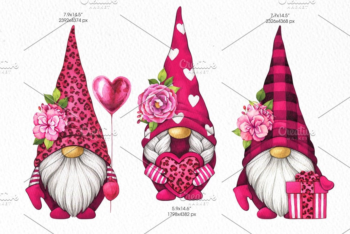 Valentine Gnomes in pink stylish clothes for Valentine's Day.