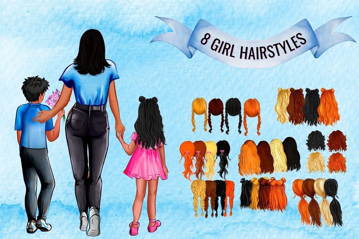 8 girl hairstyles on the blue background..