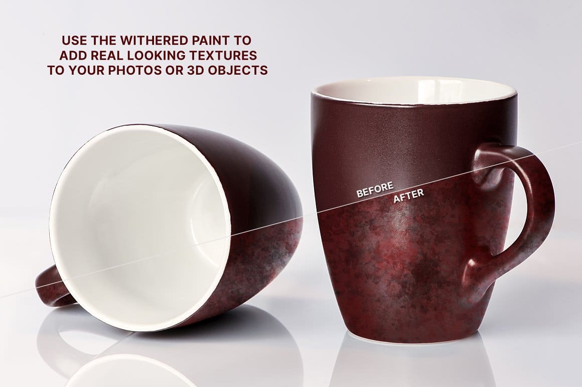 Inscription "Use the withered paint to add real looking textures to your photos or 3D objects".