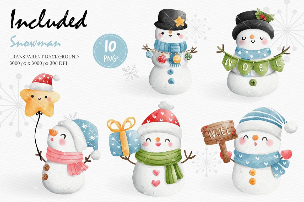 10 PNG snowmen with Christmas things on the white background.