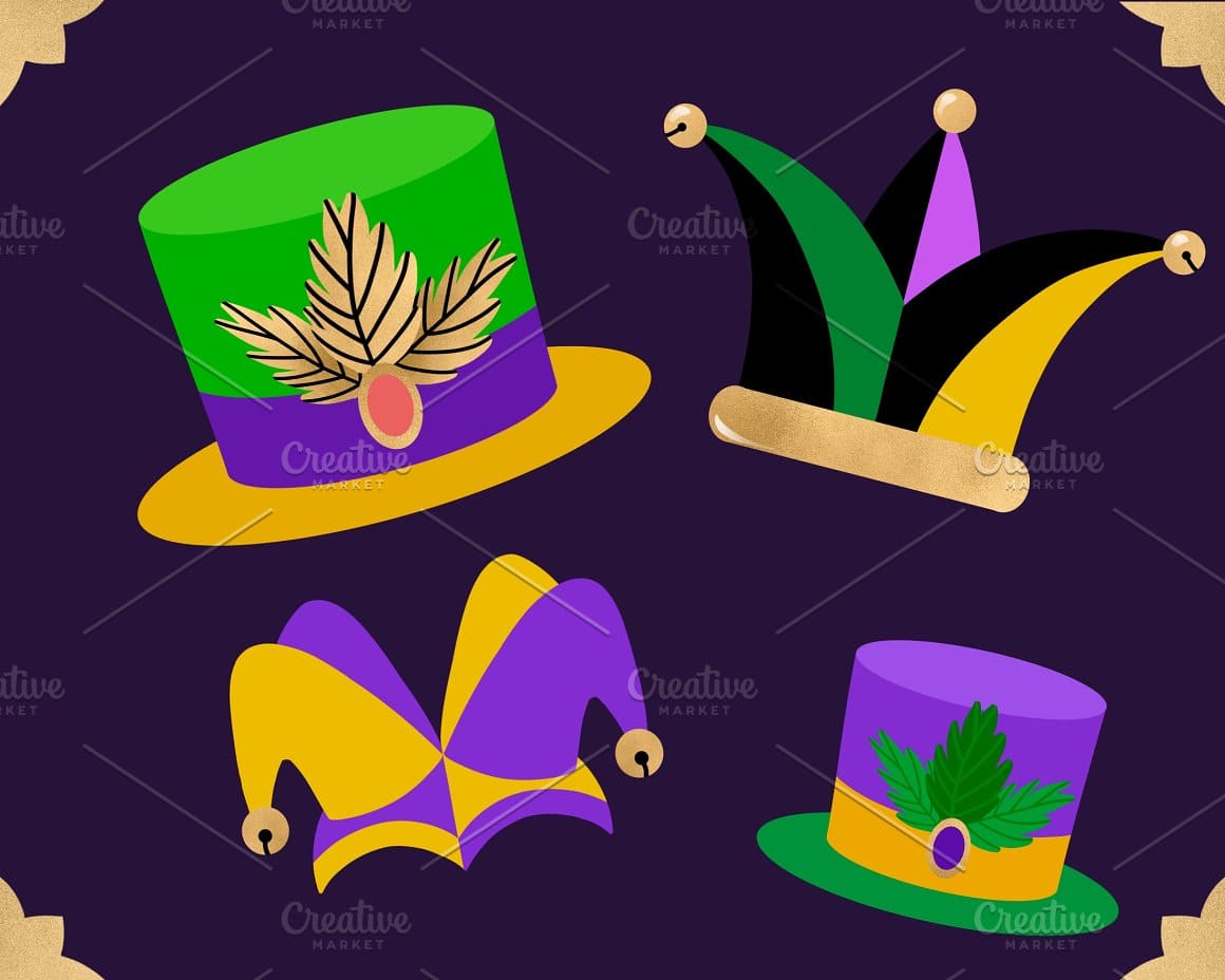 Four carnival hats on a dark purple color.
