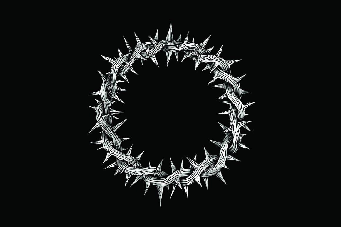 White thorn wreath on a black background.