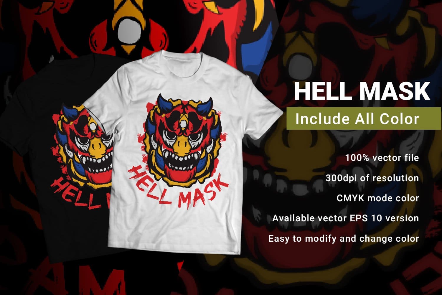 Product header Hell mask with all colors and merch in the form of a white printed t-shirt.