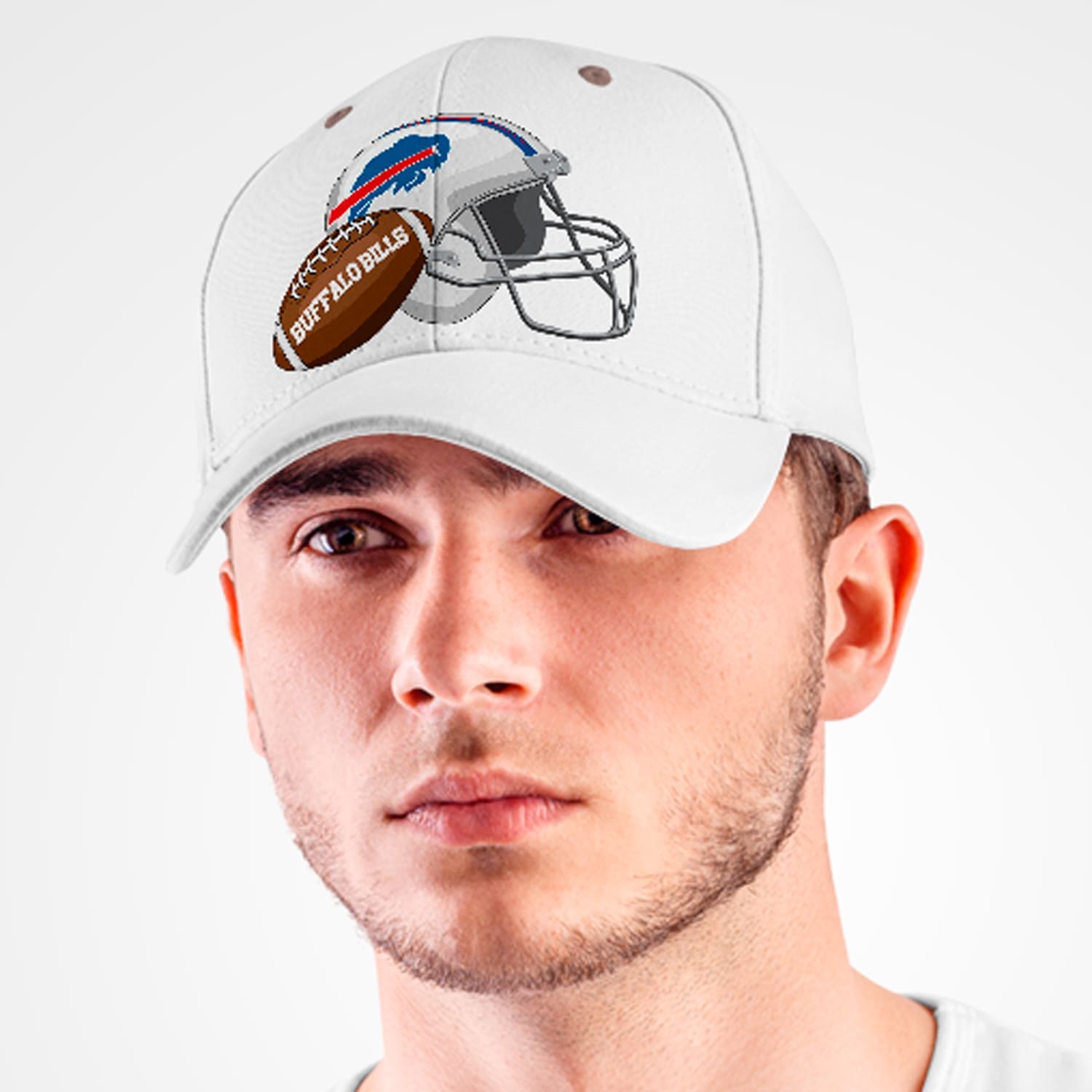 Man wearing a white hat with a football on it.