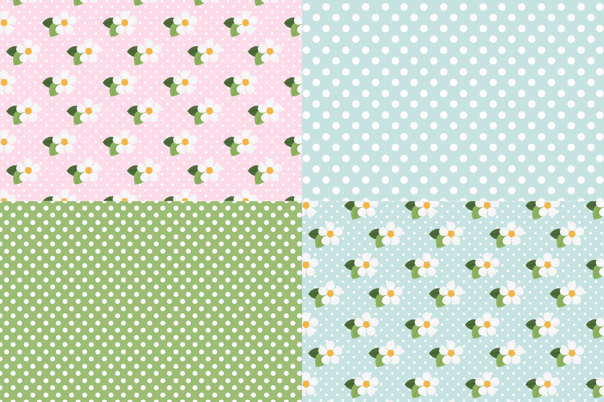 Two geometric patterns in dots, two patterns with white flowers.