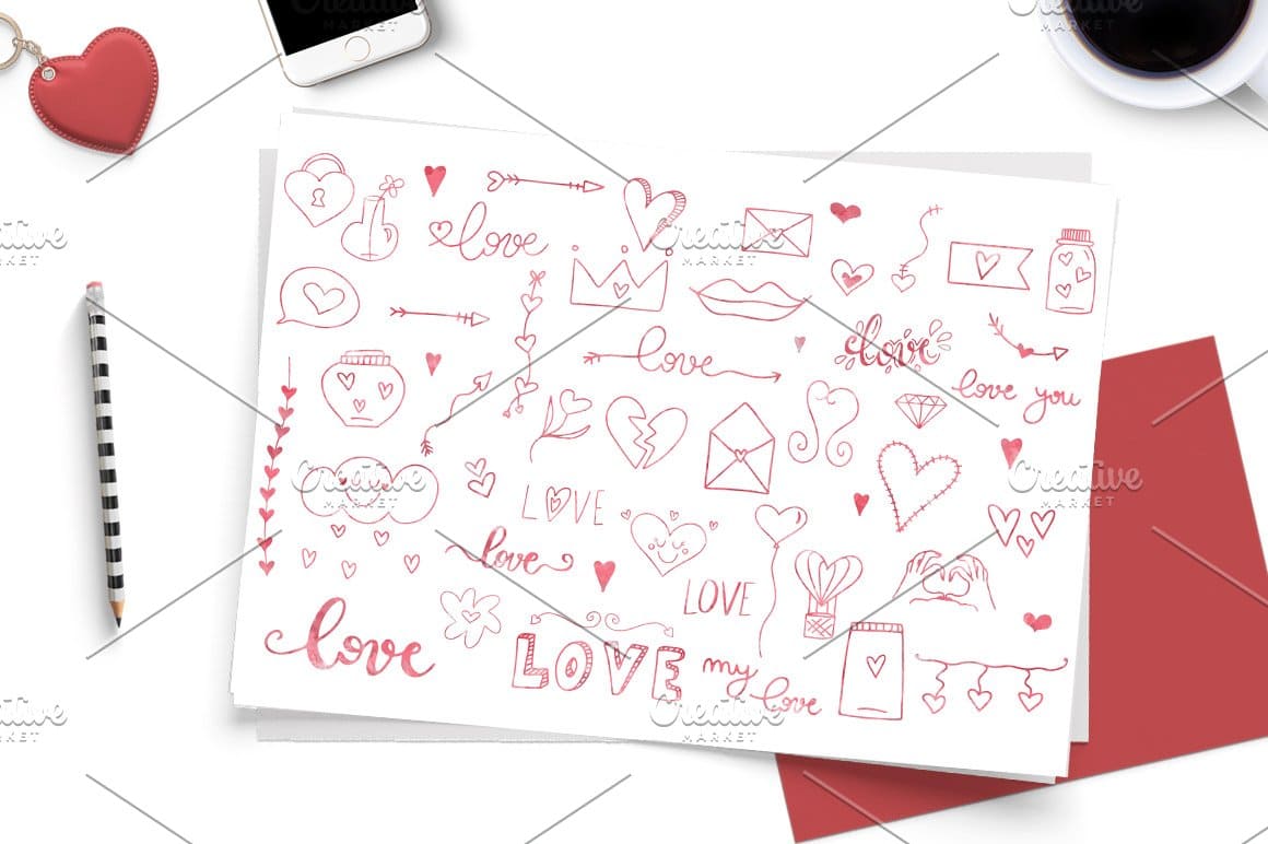 Red outlines of romantic letters, lips and words of love are depicted on a white sheet of paper.