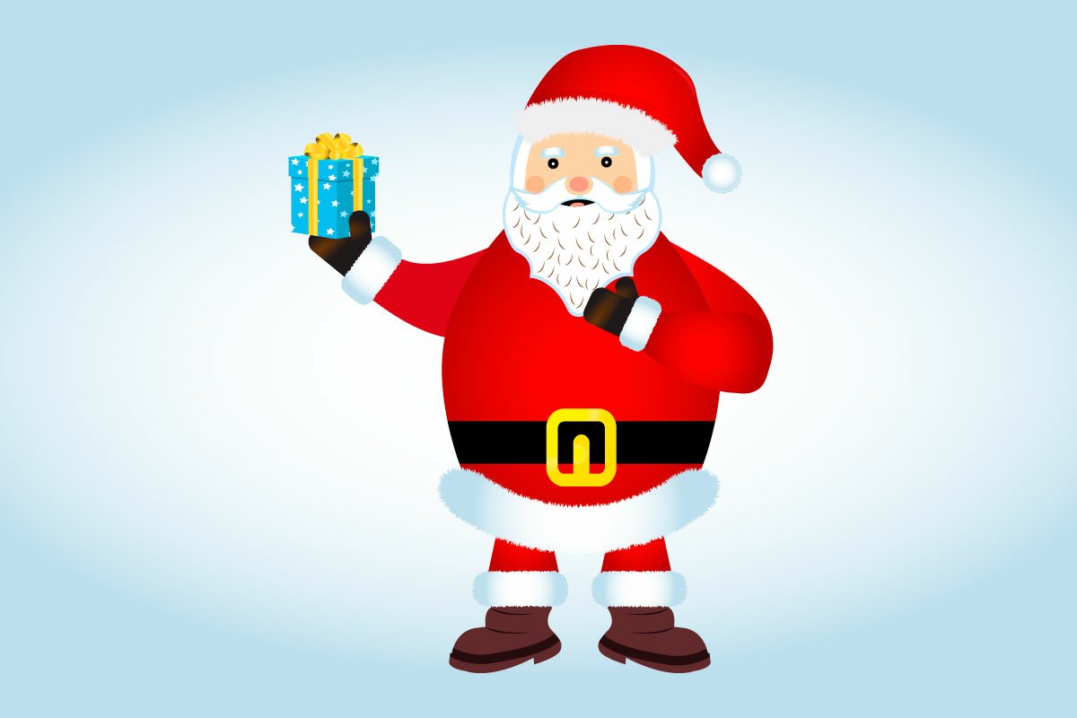 Santa in red with a blue gift in his hand.