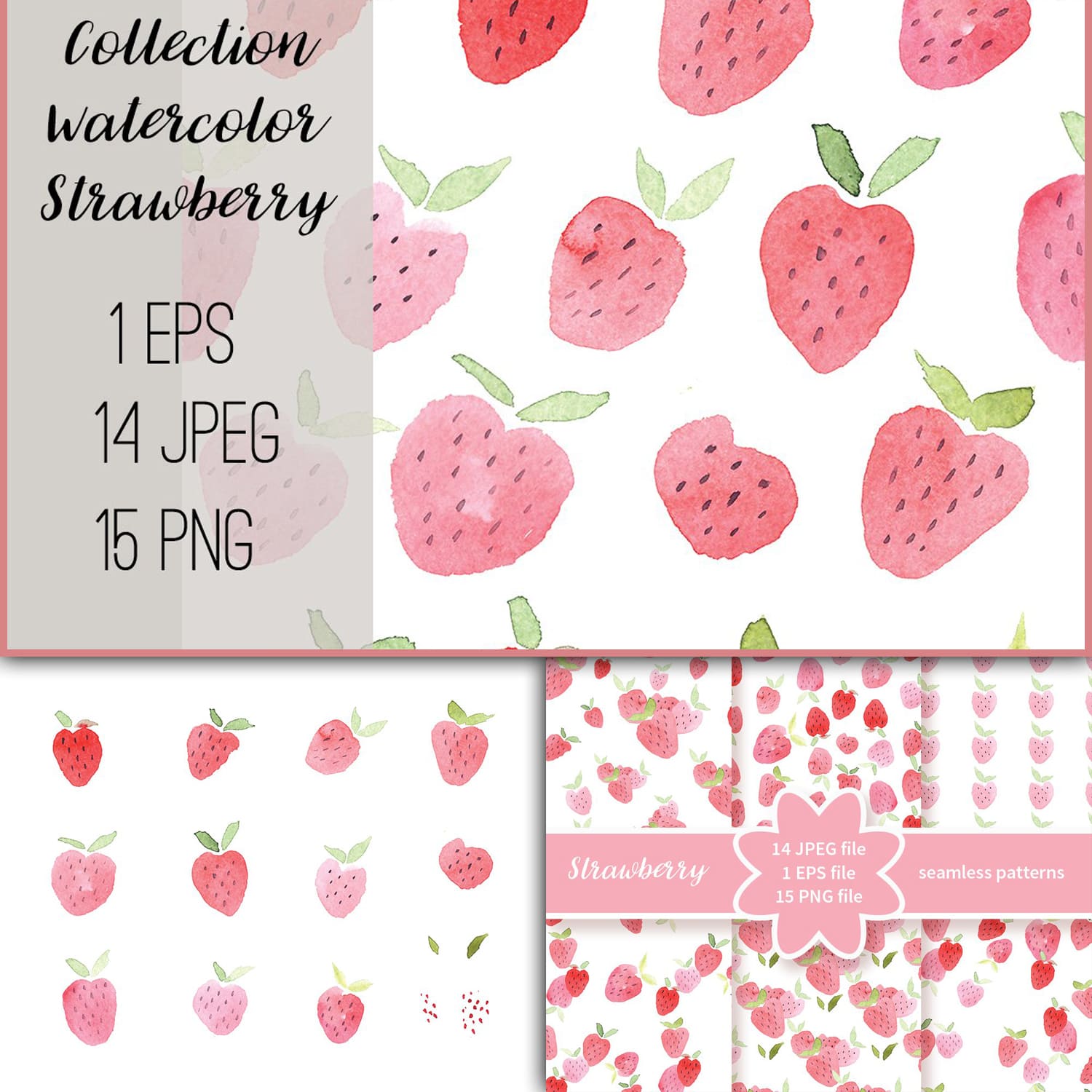 A collection of watercolor strawberries in PNG, JPEG and EPS format.