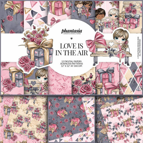 Cartoon images of roses and romantic couple on patterns.