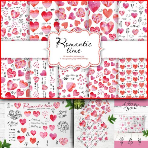 Pink hearts, cupid's arrows and inscriptions about love are drawn on the "Romantic Time" pattern.