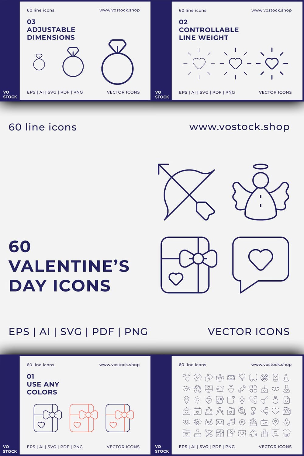 60 valentines day vector icons in white and blue.