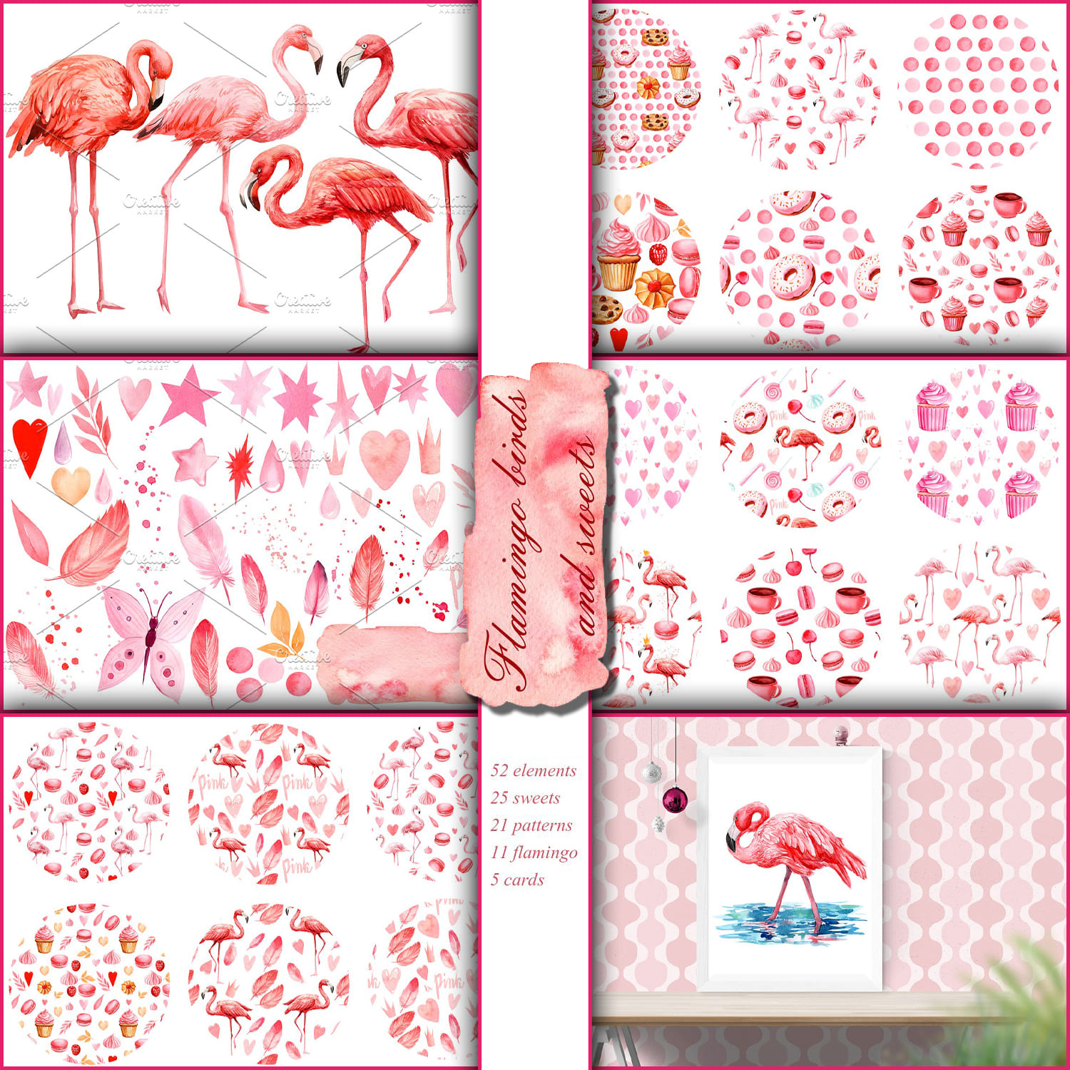 21 patterns of Flamingo Birds and Sweets.