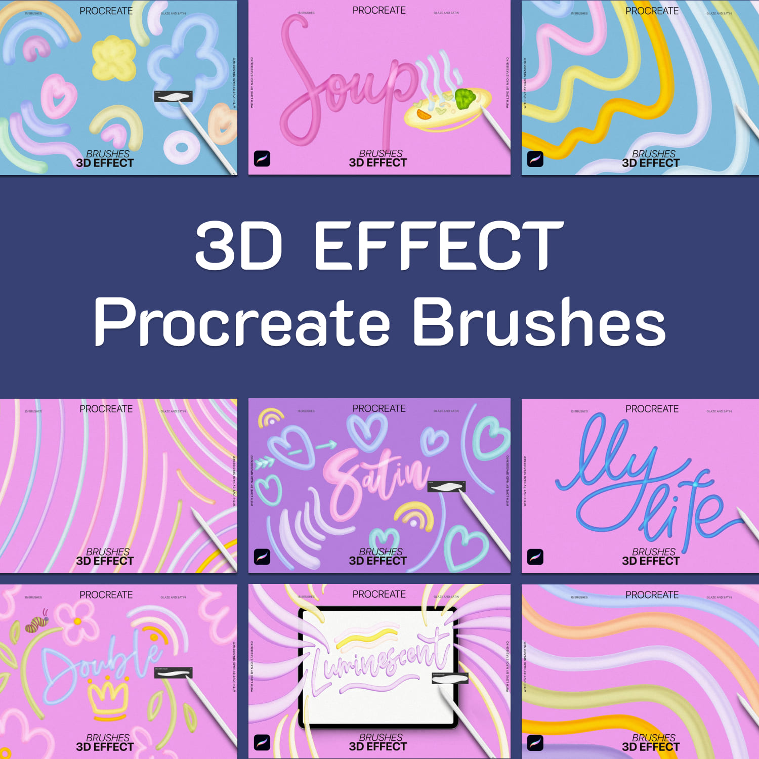 Slides of procreate brushes with 3D eefect.