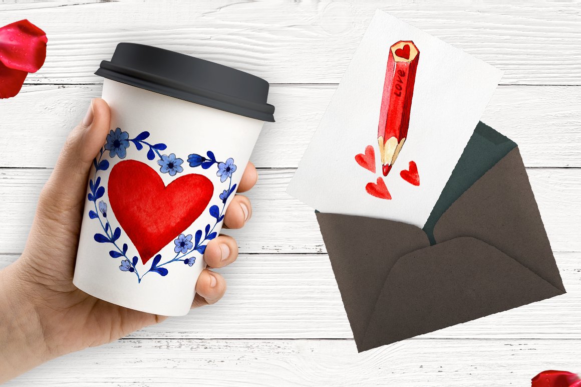 An envelope with a print and a disposable cup.