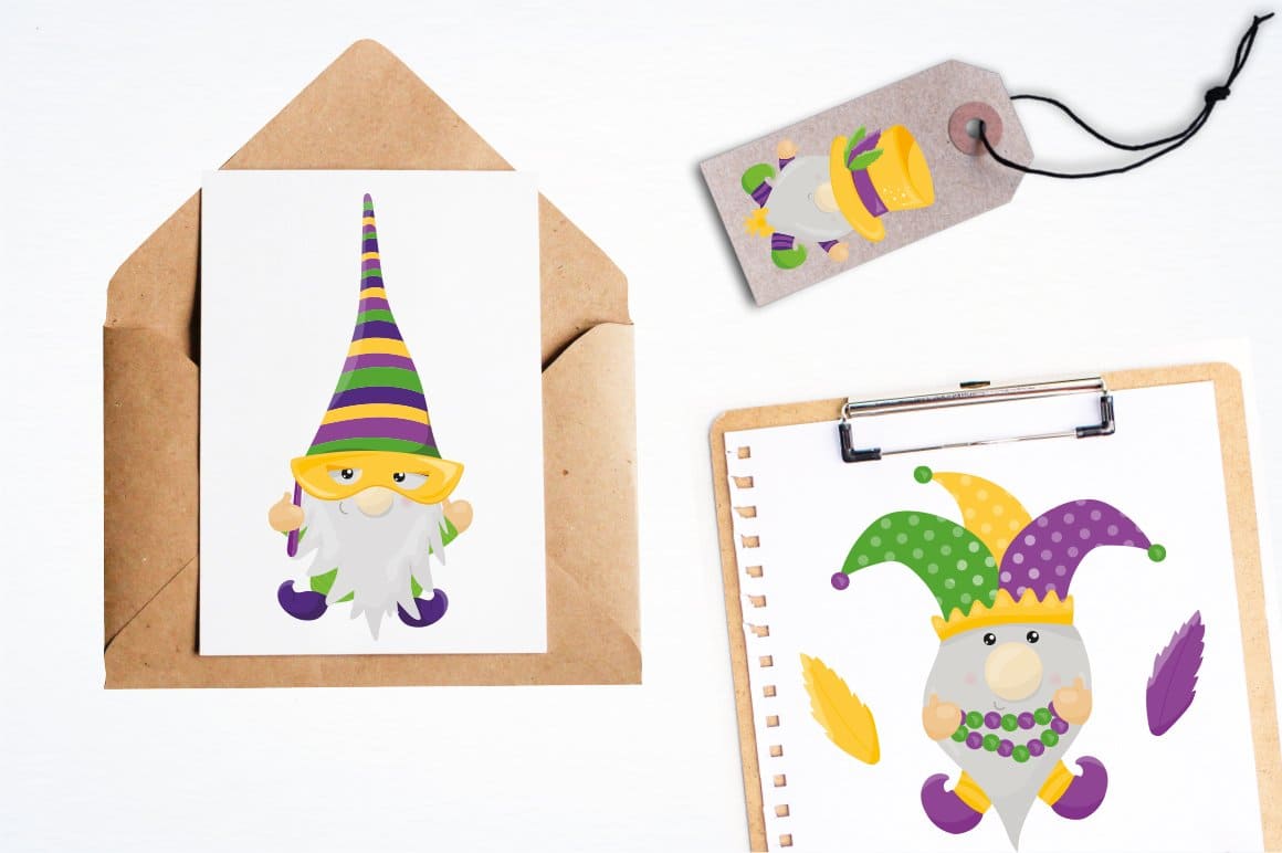 Two cards with the image of gnomes in costumes in yellow, green and purple colors.