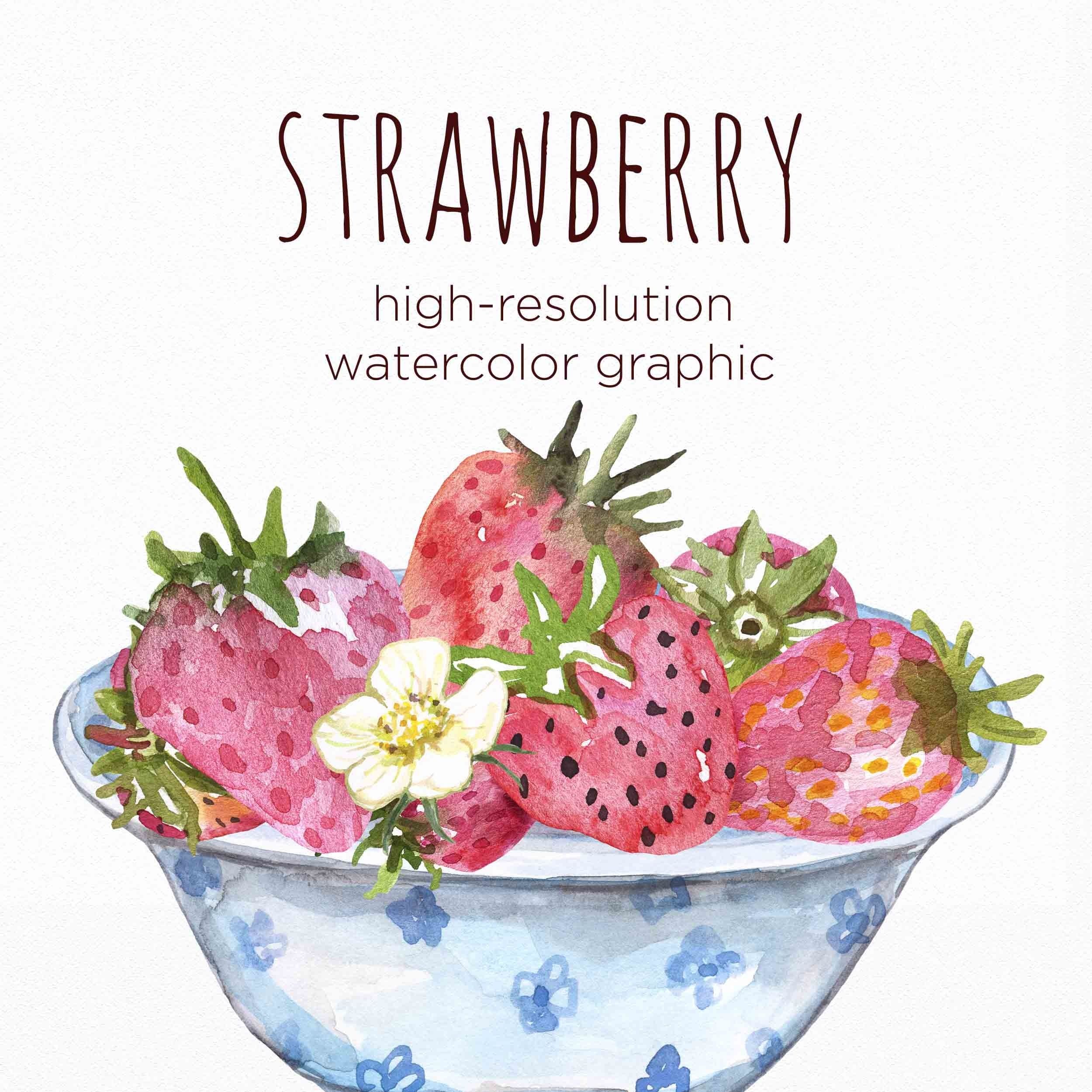 A blue bowl is drawn, in the middle of which is a strawberry.