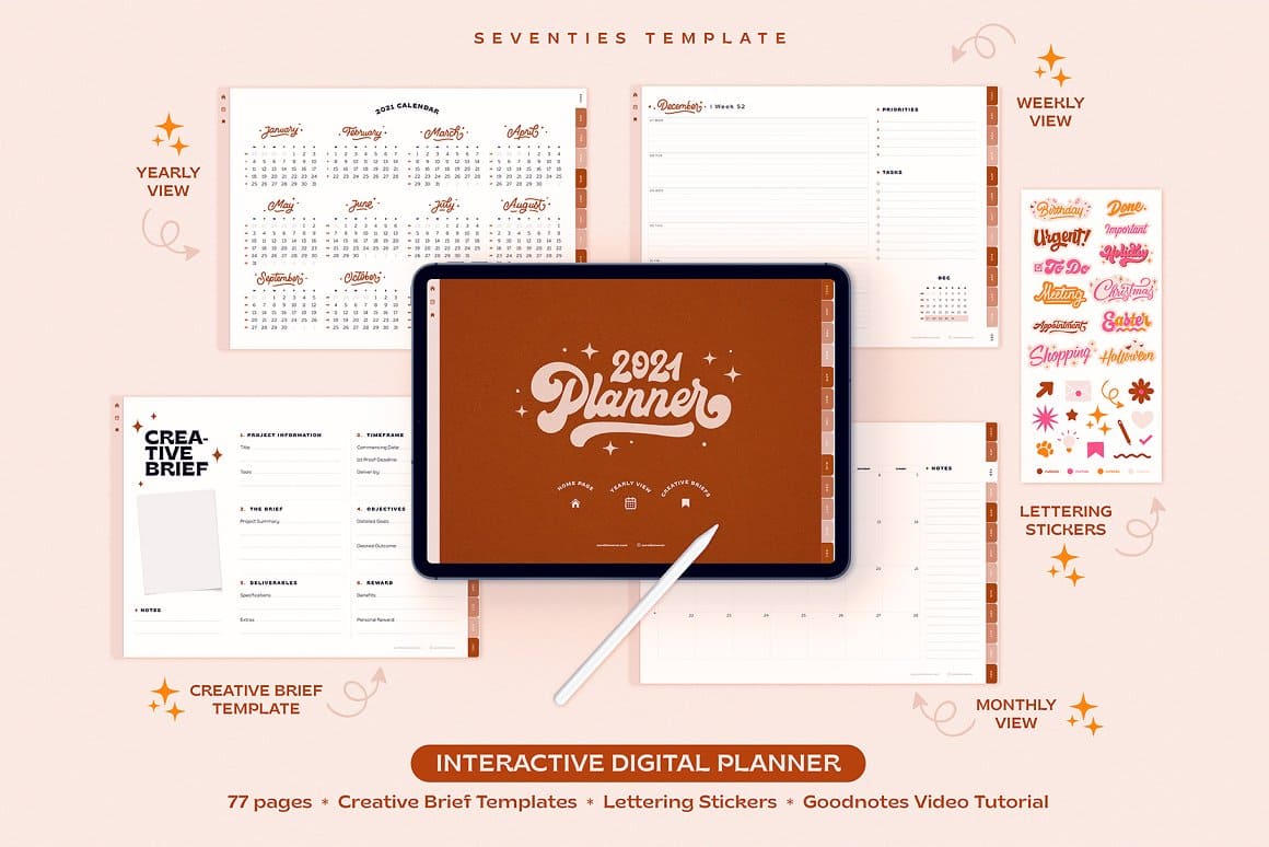 77 pages of interactiva digital planner.