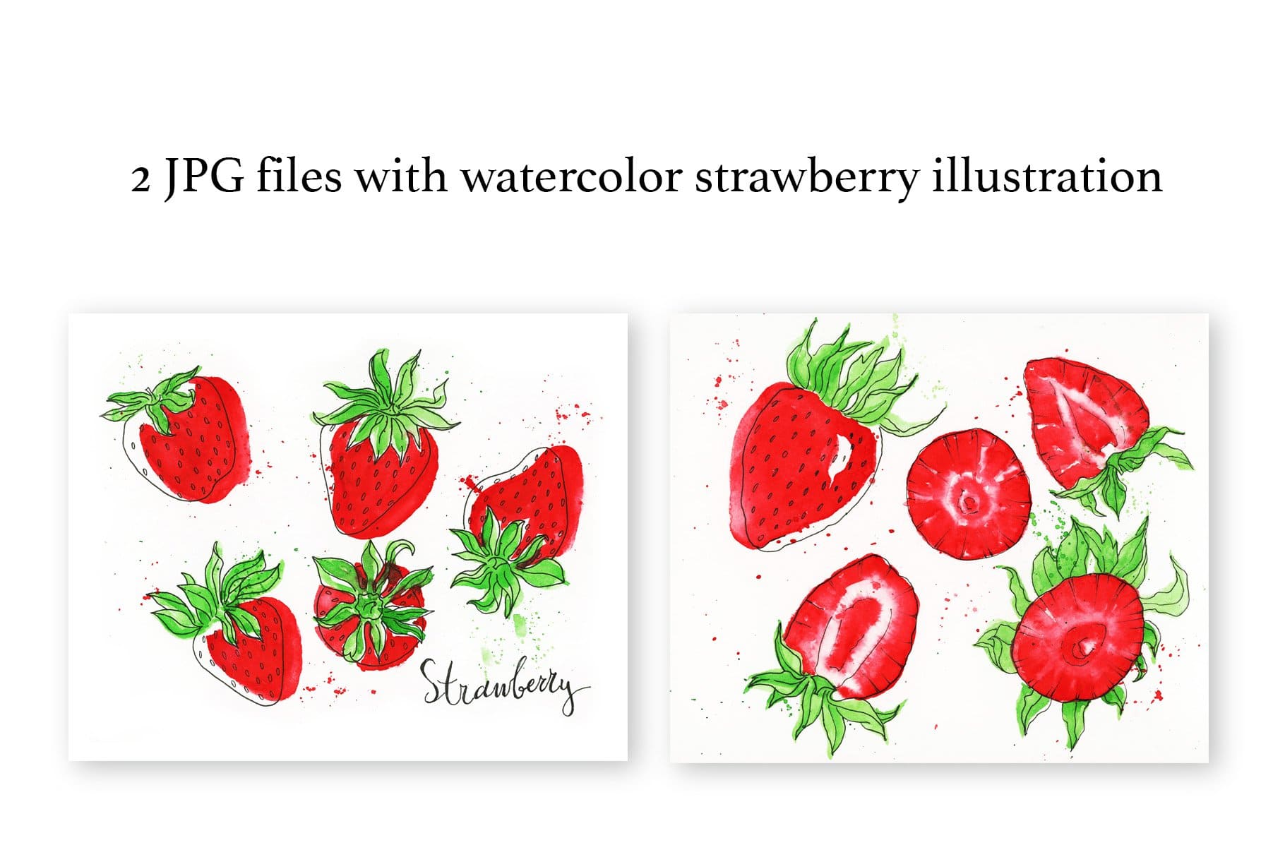 2 JPG files with watercolor strawberry illustration.