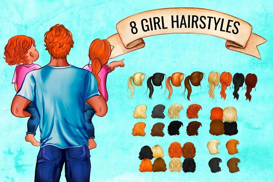 Eight variants of the daughter's hairstyle are drawn on a blue background.