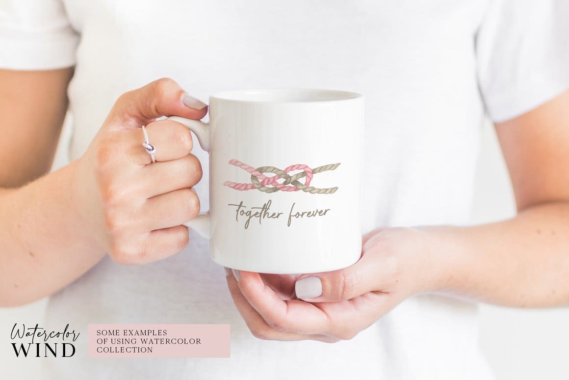 The white cup shows pink and gray ropes tied together and below the inscription "Together forever"
