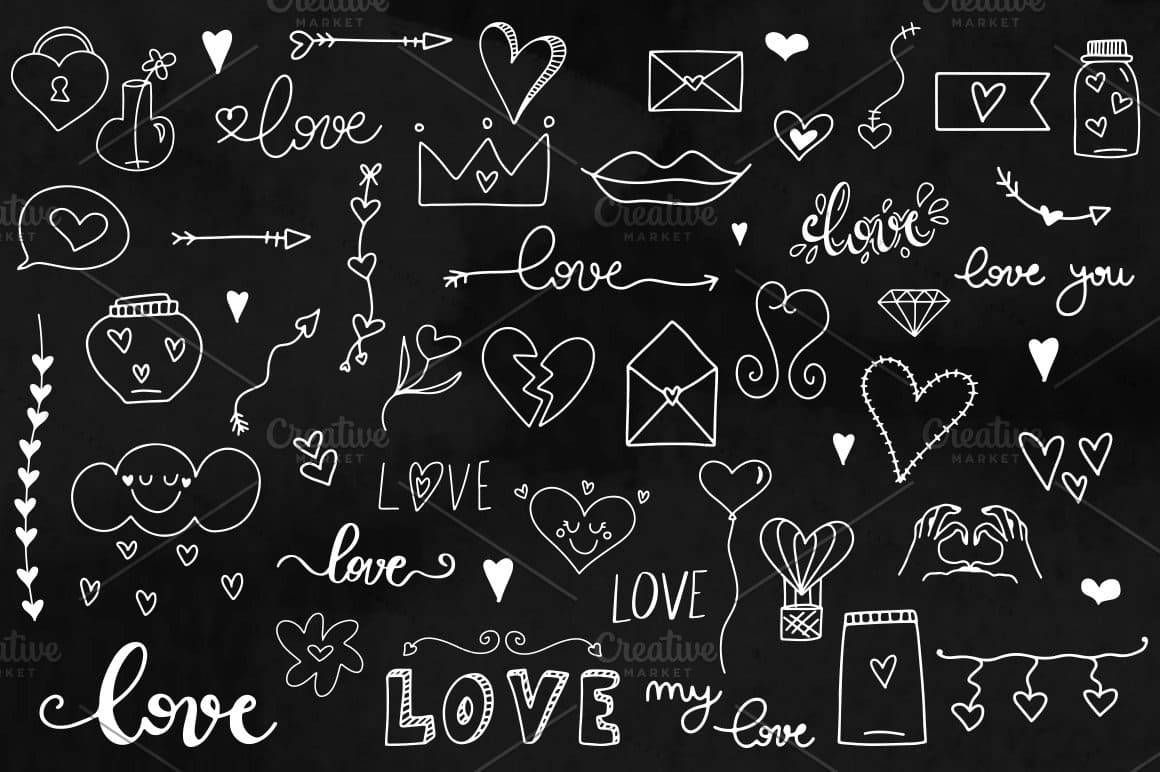 White outlines of romantic things are depicted on a black background.
