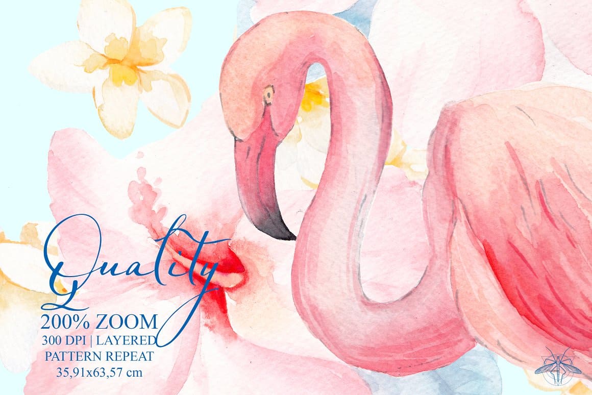 Pink watercolor flamingo with watercolor white flowers.