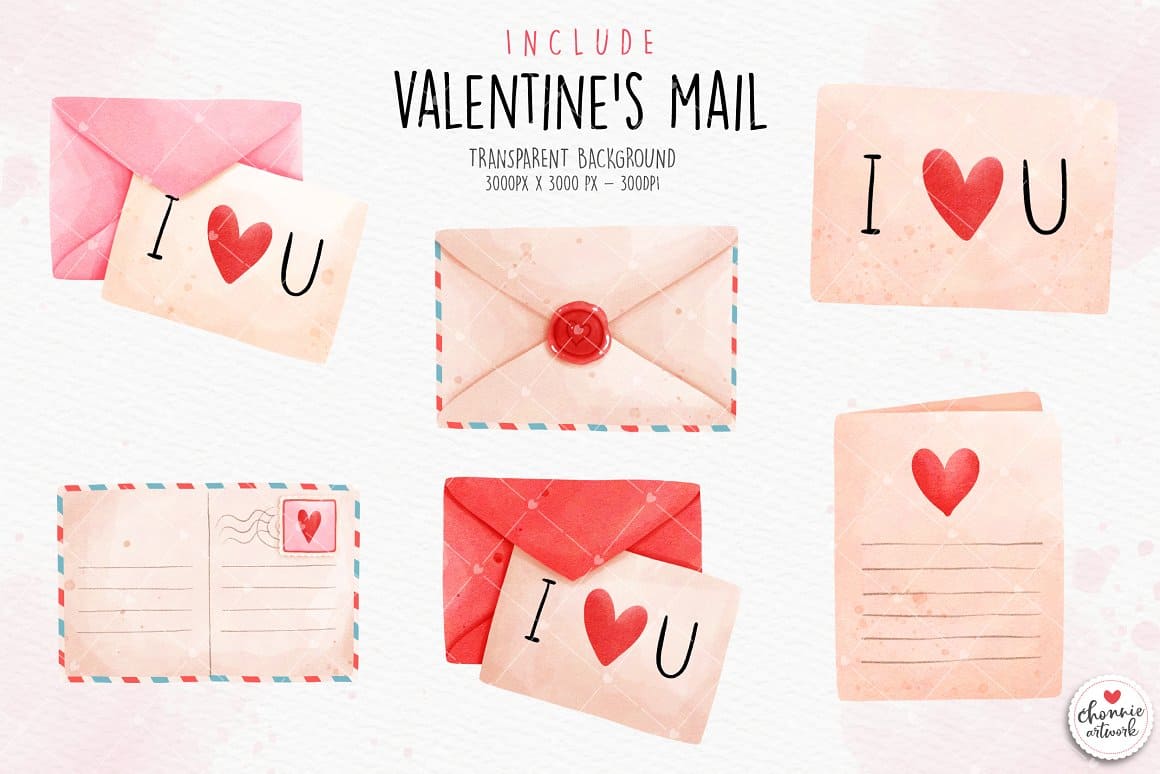 Pink envelopes and postcards for declaration of love.