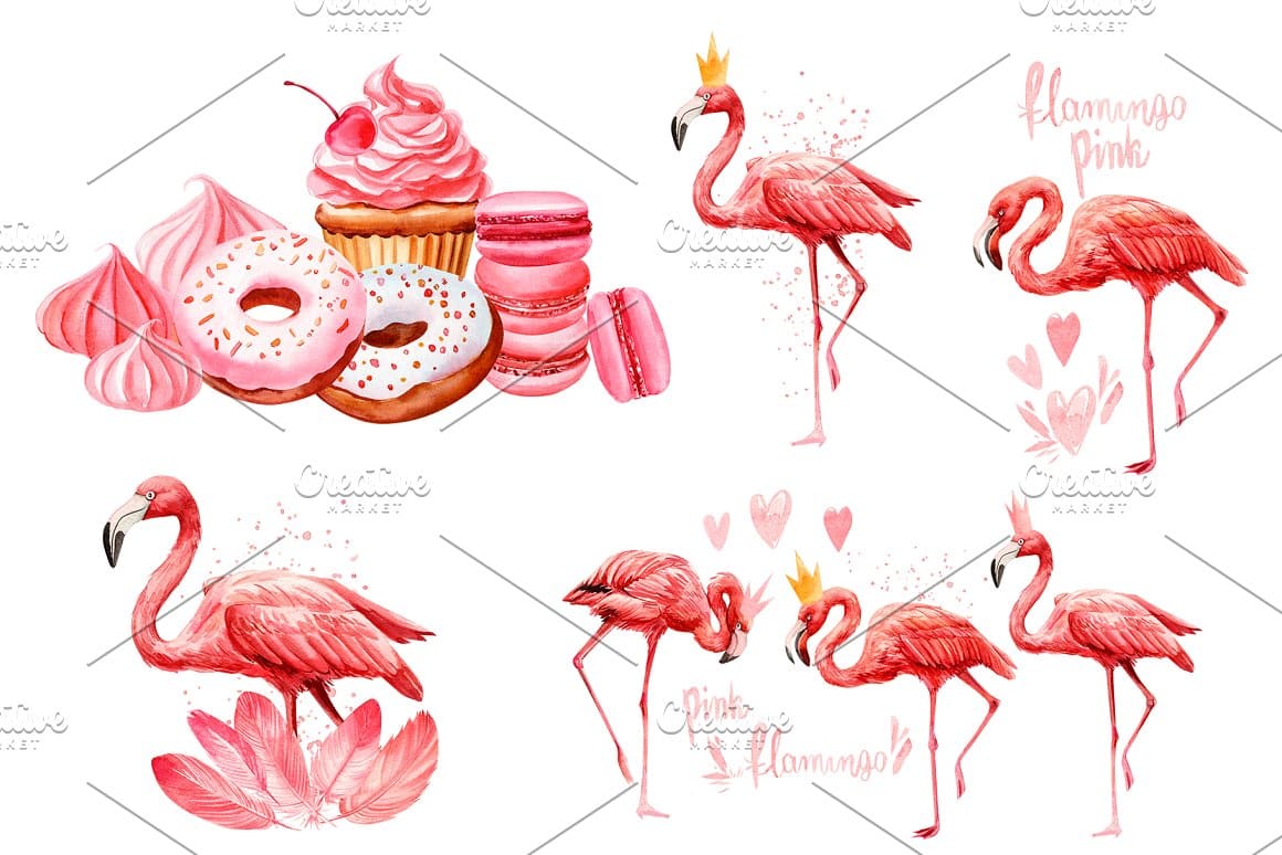 The picture shows pink flamingos with and without a crown, as well as donuts and sweets in pink colors.