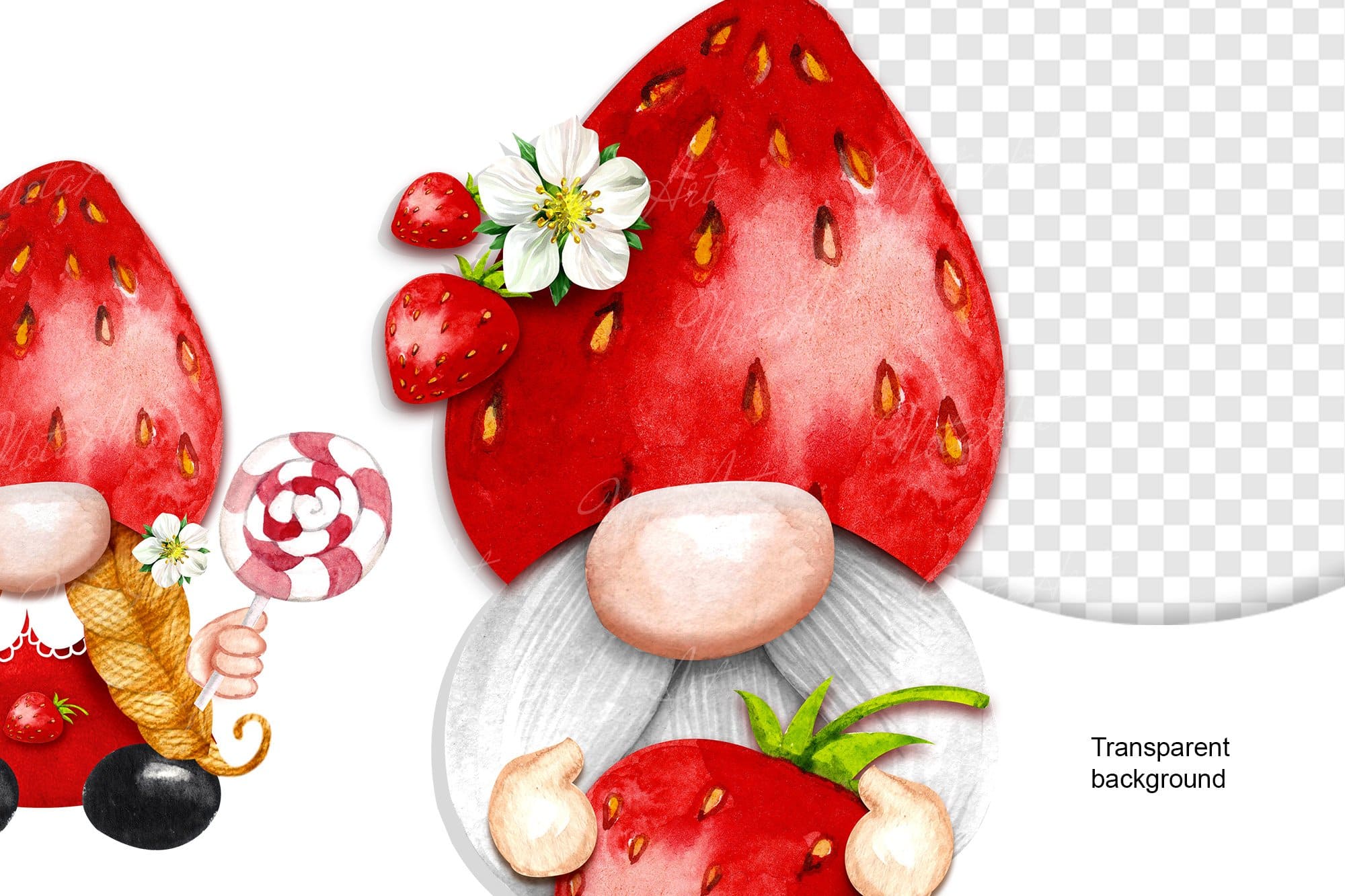 A close-up of a gnome's strawberry hat decorated with flowers and berries.