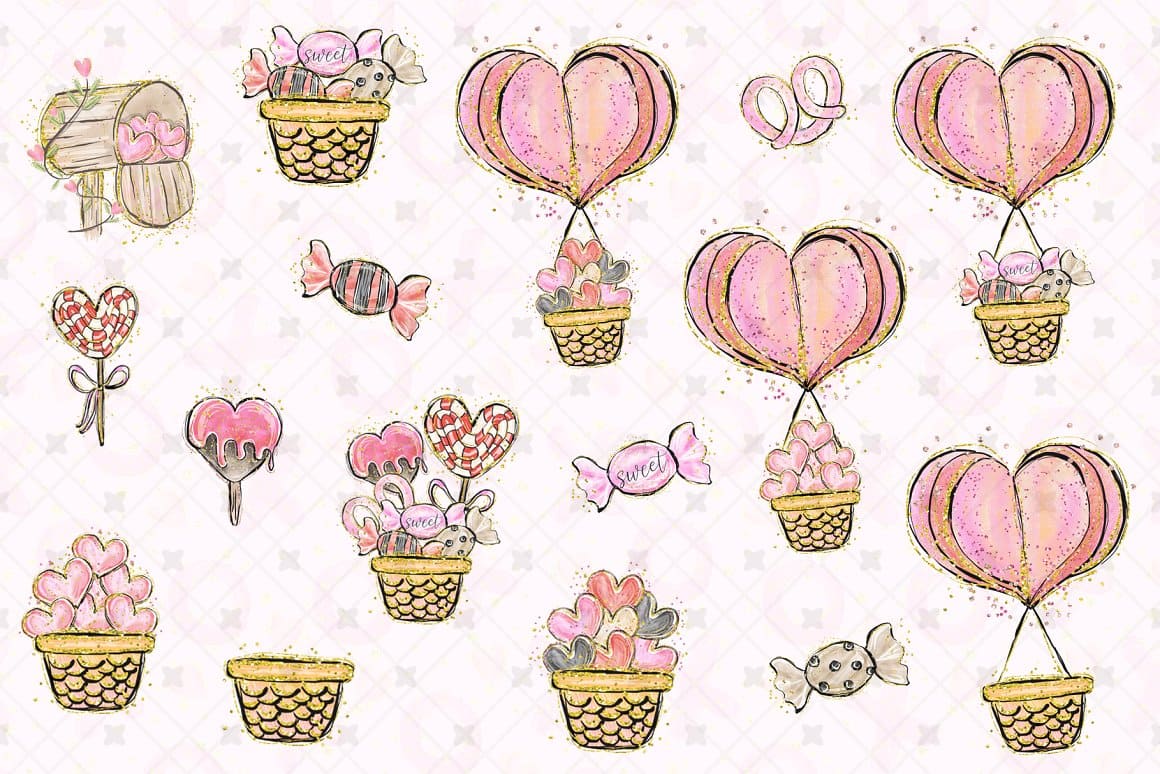 The image of the balloons is in the shape of a heart and the balloon basket is full of candy.