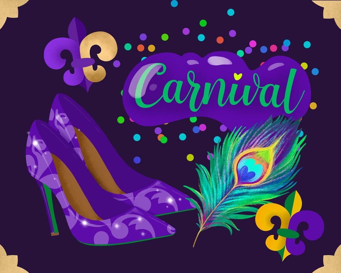 Carnival shoes and peacock feather on purple background.