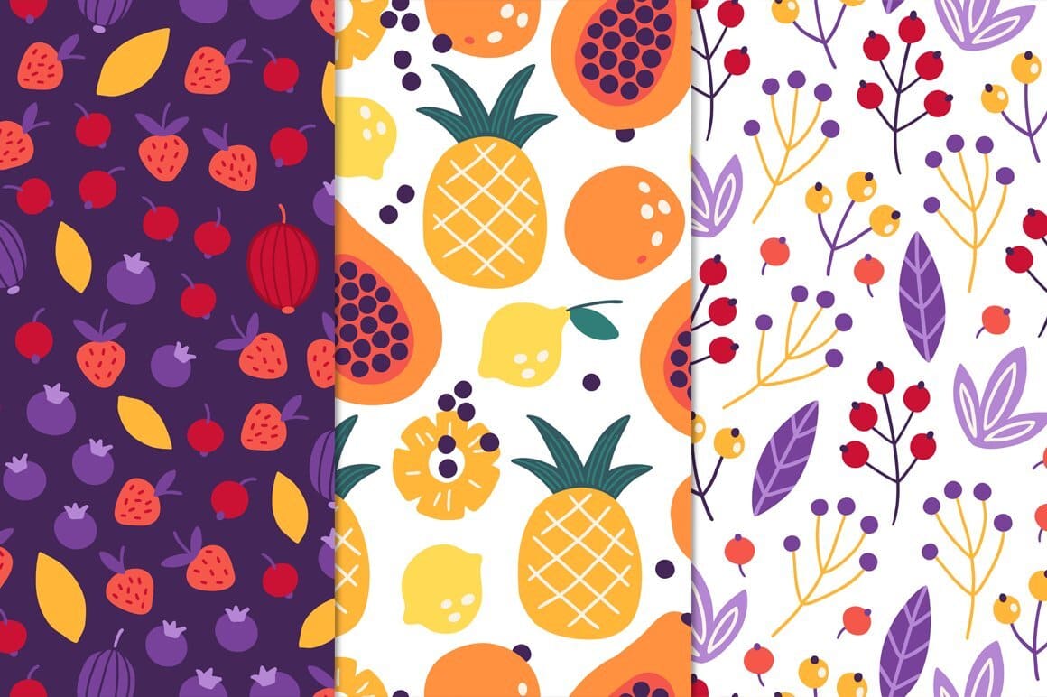 Paradise apples, strawberries are drawn on a dark purple background, and papaya and pineapple are drawn on a white background.