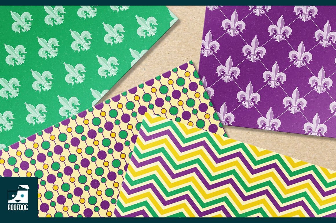 Two digital papers with curly patterns on a uniform background and two digital papers with zigzags and circles.