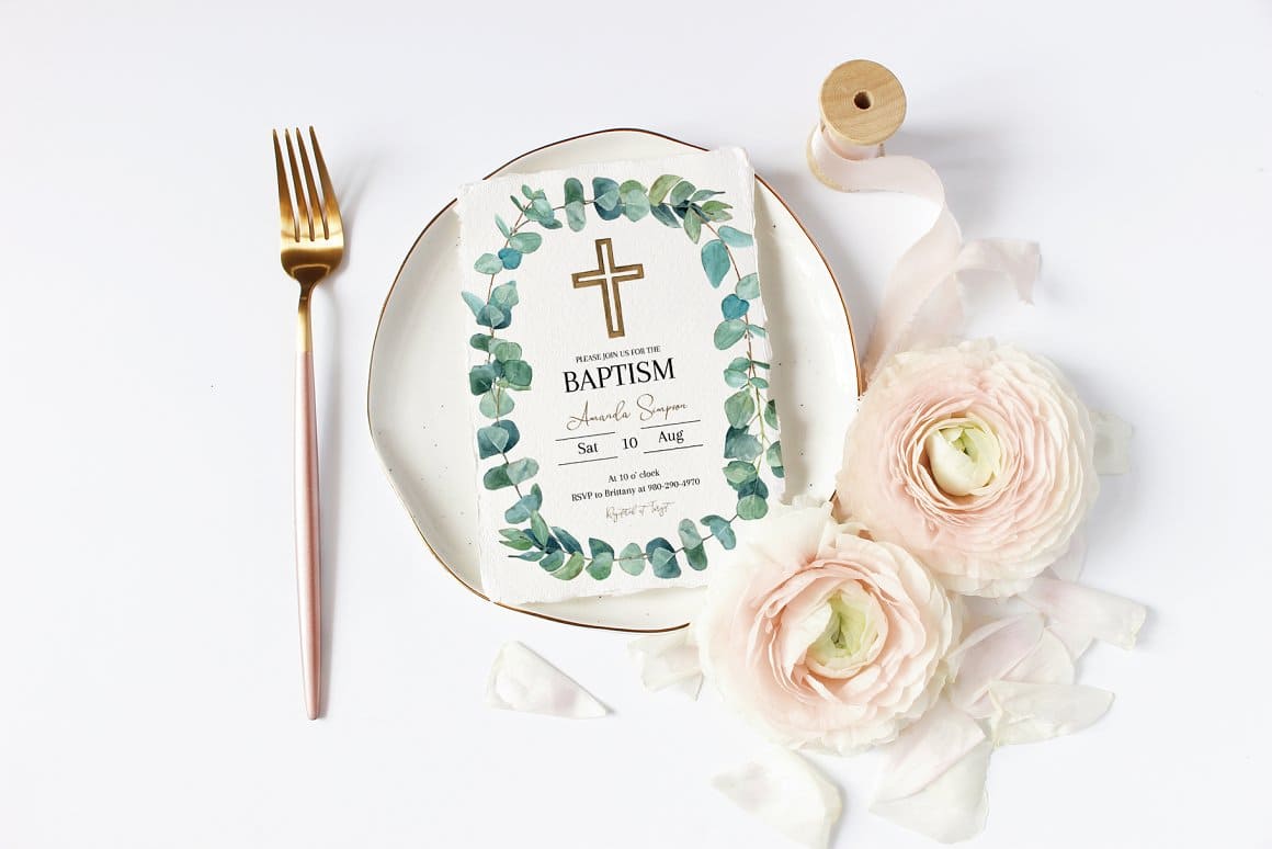 On the plate is a card with an invitation to a Baptist event.