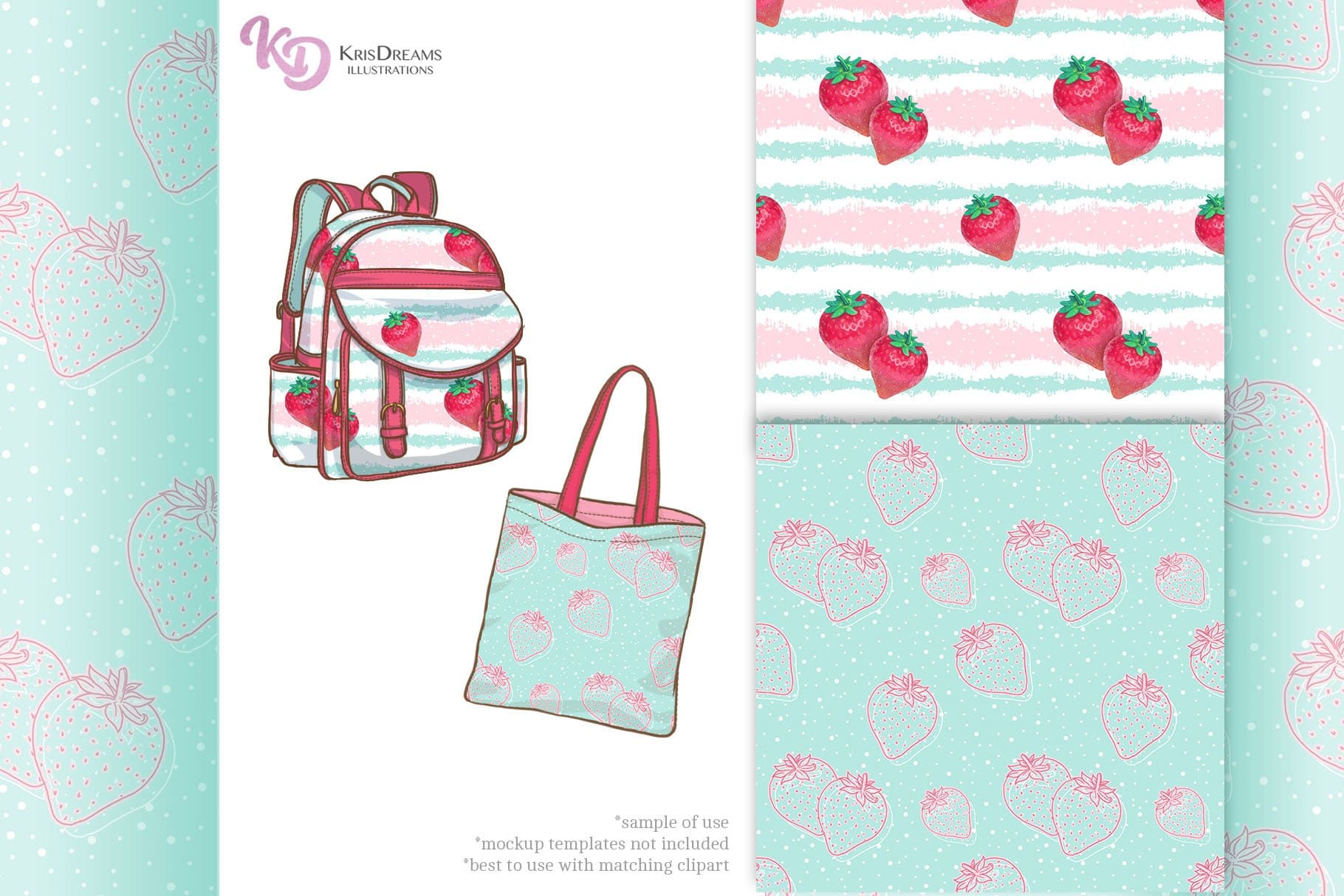 Bags and backpacks with a strawberry print.